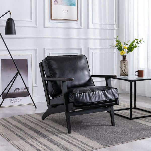 ATHMILE Black Mid-Century PU Leather Solid Wood Accent Chair with Removable Cushion (Set of 1)