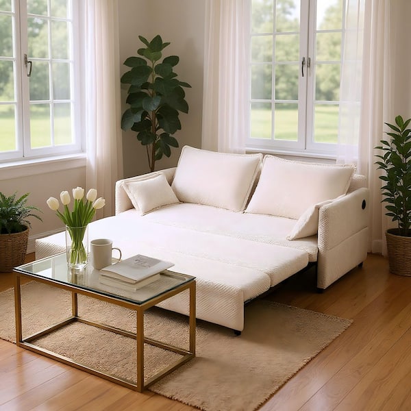 ZYBQFL 78.7 x 59.5 in. Corduroy Convertible Sofa Bed with Side Storage and USB Charging Ports in Linen White