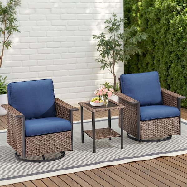 3-Piece Wicker Patio Conversation Set with Blue Cushions