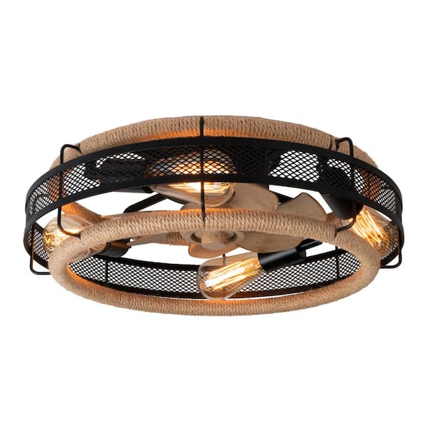 Fan Blade 14.96 in. 19.7 in. Indoor Black Bohemian Hemp Rope Ceiling Fan Light, Bulb Not Included, with Remote Control