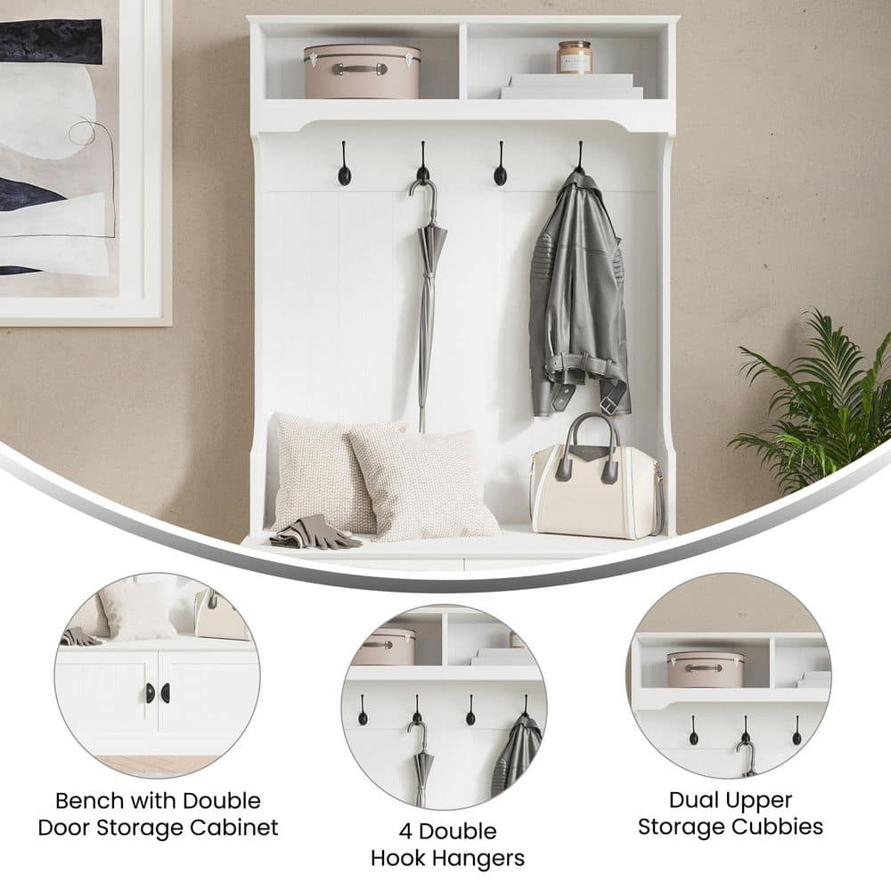 White Wooden Hall Tree with Storage Bench and Coat Rack