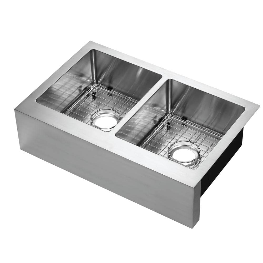 CMI Lapeer Undermount Stainless Steel 31 in. 50/50 Double Bowl Flat Farmhouse Apron Front Kitchen Sink, Silver -  482-6812