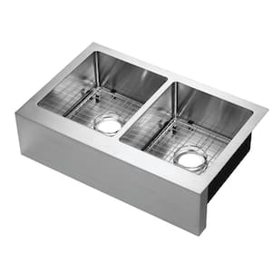 Lapeer Undermount Stainless Steel 31 in. 50/50 Double Bowl Flat Farmhouse Apron Front Kitchen Sink