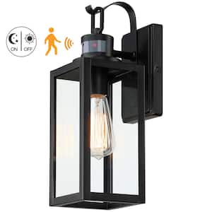 15 in. 1-Light Matte Black Motion Sensing Outdoor Wall Lantern Sconce Dusk to Dawn with Clear Glass