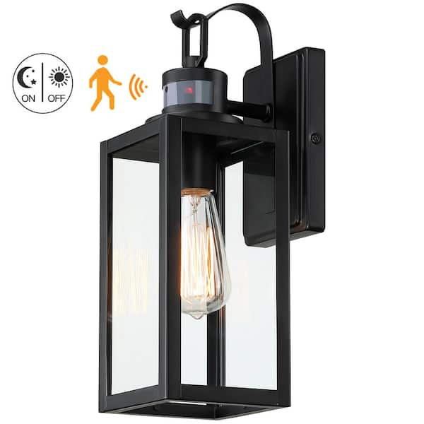 Uixe 15 in. 1-Light Matte Black Motion Sensing Outdoor Wall Lantern Sconce Dusk to Dawn with Clear Glass