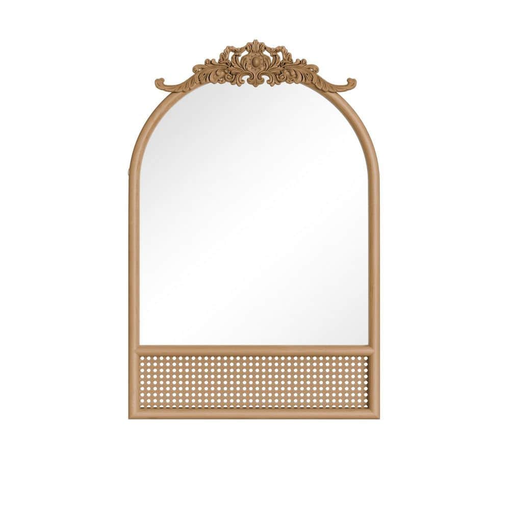 Brown 24 in. W x 36 in. H Modern Arch Wood Framed Hanging Mirror with Rattan and Carved, Wall Decor for Living Room price history on PriceWatchPro