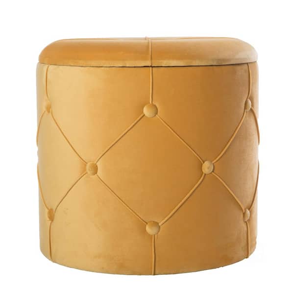 FABULAXE Round Tufted Velvet Wood Storage Ottoman Stool with Lid, Yellow