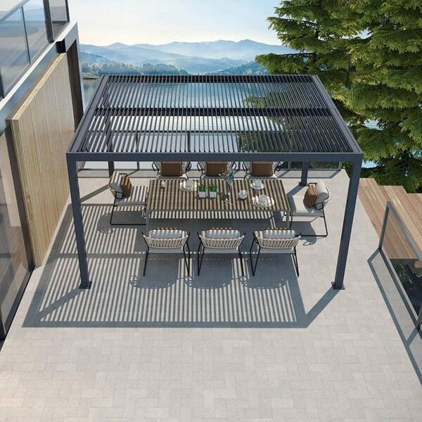 PURPLE LEAF 12 ft. x 14 ft. Gray Louvered Pergola Outdoor Aluminum Pergola with Adjustable Roof for Deck Backyard Hardtop Gazebo