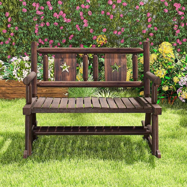 Tangkula Outdoor Carbonized Wood Rocking Bench Double Rocking Chair for 2 Persons w Wide Curved Seat