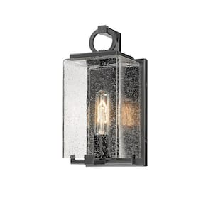 Sana 5.75 in. 1-Light Outdoor Coach Wall Sconce Black with Seedy Glass Shade