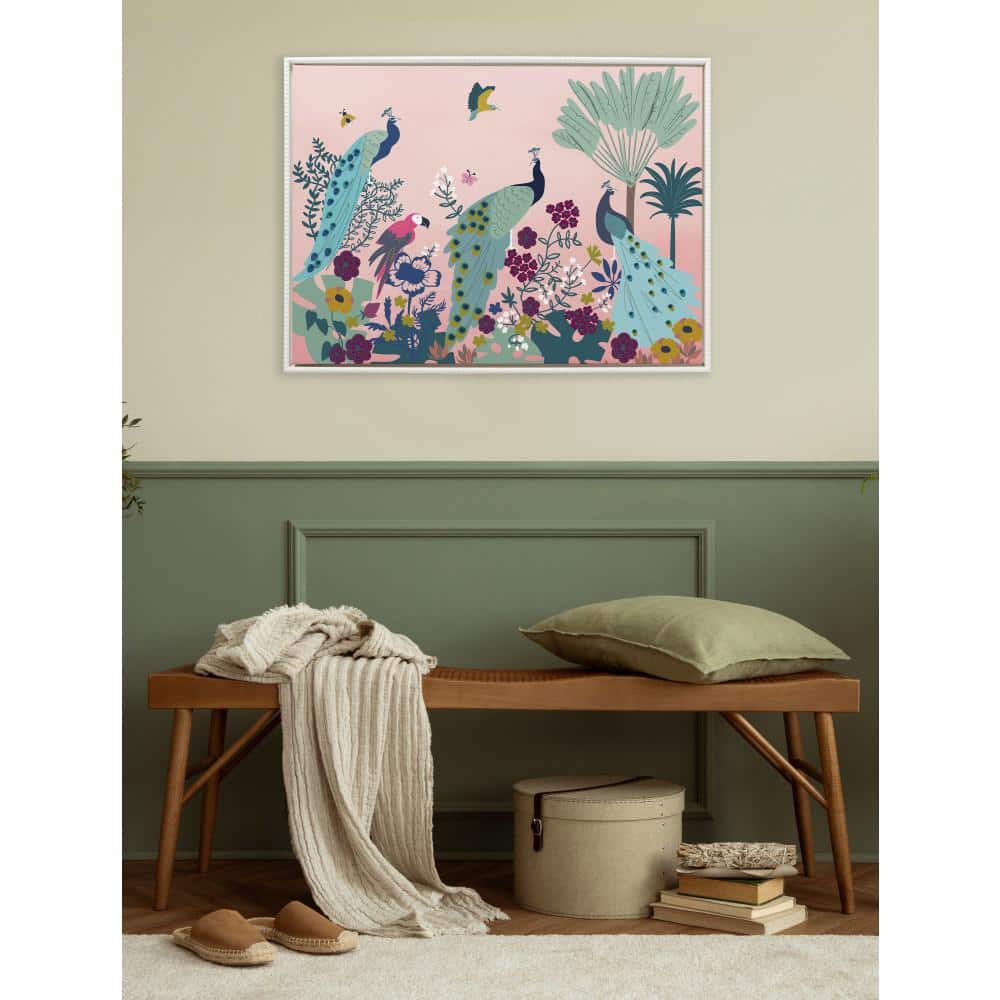 Colorful Peacock and Bird Illustration on White Framed Canvas, 28 x 38