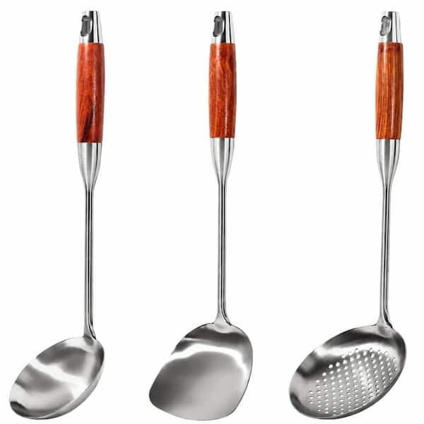 3-Piece 15 in. 304 Stainless Steel Wok Utensil Set with Anti-Scald Wooden Handle for Carbon Steel Wok