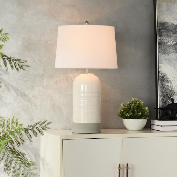 30 in. Grey Contemporary Bedside Table Lamp for Living Room with White Linen Shade