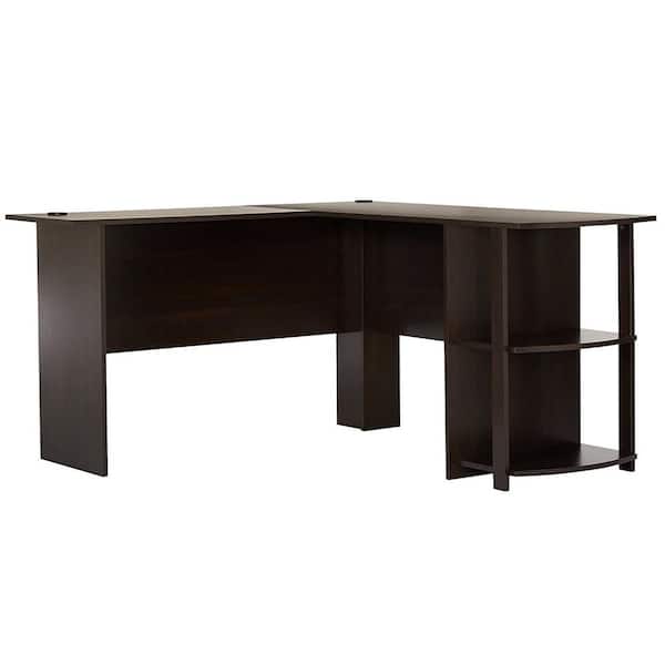 Karl home 52.75 L-Shaped Wood Computer Desk with 2-Layer Bookshelves Dark Brown