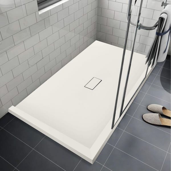 Trimslate 59.1 in. L x 39.4 in. W Corner Shower Pan Base with Center Drain and Double Threshold in Cameo