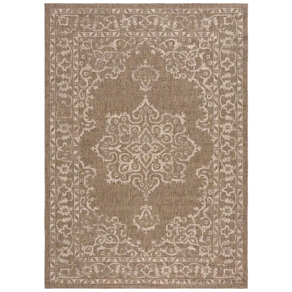 SAFAVIEH Courtyard Brown/Beige 7 ft. x 10 ft. Border Ornate Indoor/Outdoor Area Rug