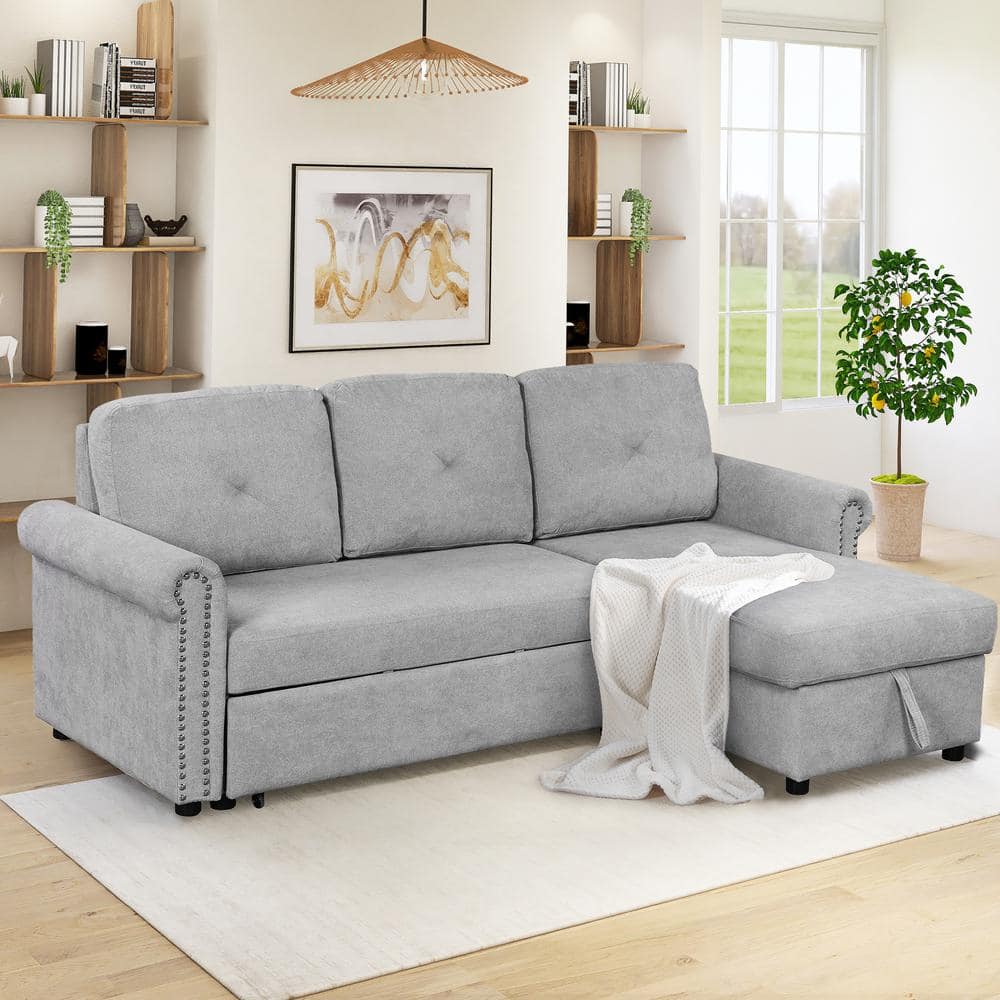 83 in. W Gray Velvet Twin Size Sofa Bed Convertible Sectional 3-Seater L-Shape Couch with Storage Chaise -  GOSALMON, SG000346NYYAAA