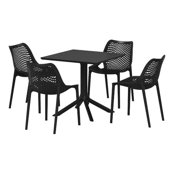 Frond and Form Black Plastic All Weather 5-Piece Square Table Modern Outdoor Patio Dining Set w/ 4 Stackable Chairs