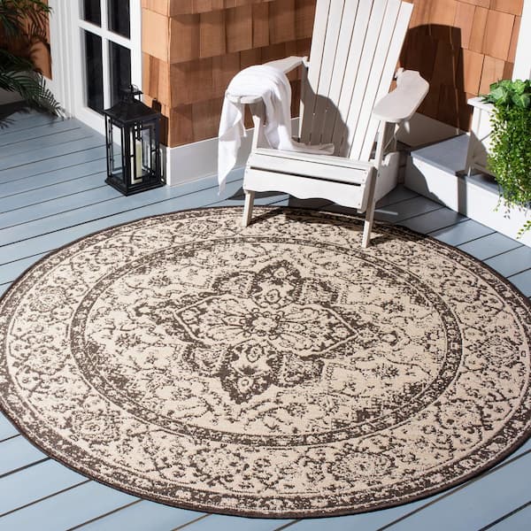 Beach House Cream/Brown 7 ft. x 7 ft. Round Oriental Indoor/Outdoor Patio  Area Rug