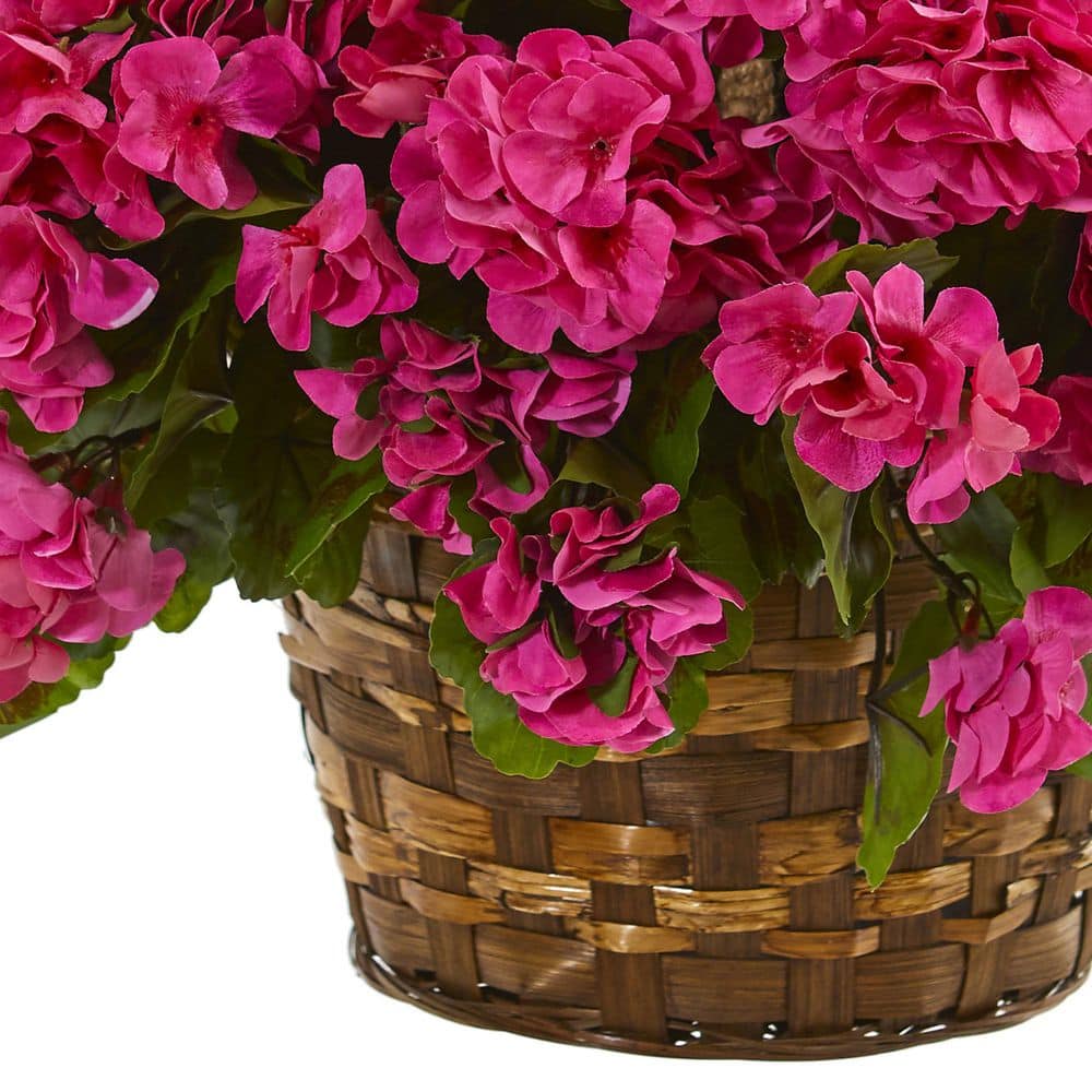 Outdoor Brown Wicker Hanging Basket with Red Geraniums
