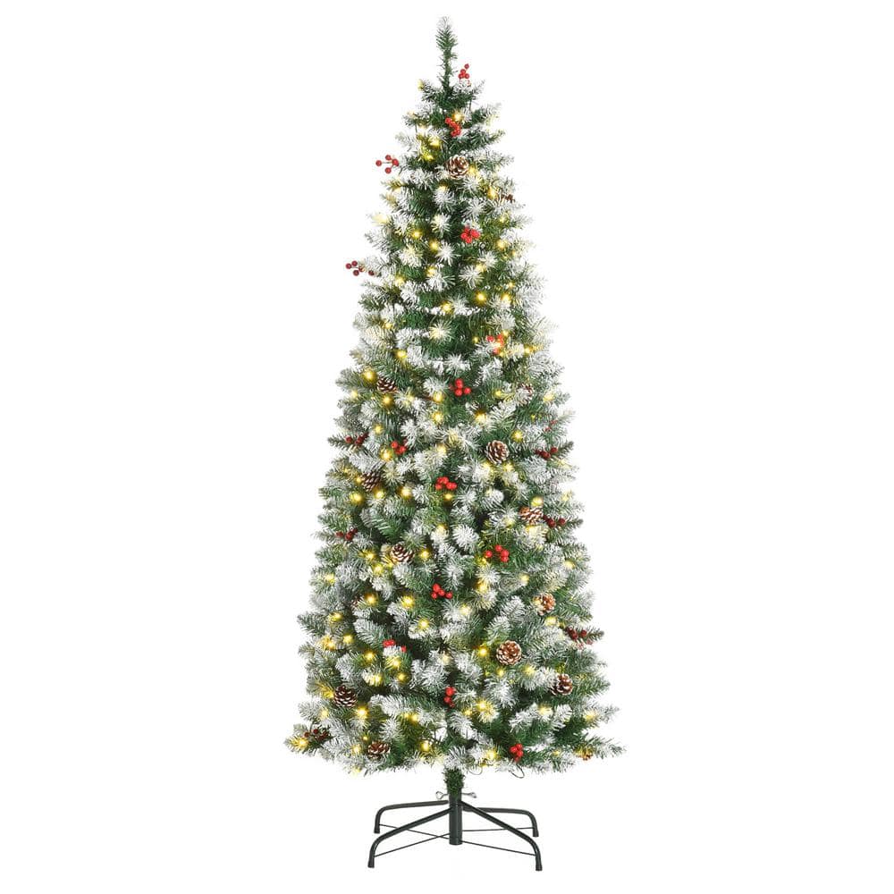 6 ft. Artificial Christmas Tree Snow Flocked Tree, Pre-Lit Holiday Decoration with LED Lights, Pine Cones -  HOMCOM, 830-380V80