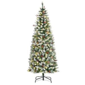 6 ft. Artificial Christmas Tree Snow Flocked Tree, Pre-Lit Holiday Decoration with LED Lights, Pine Cones