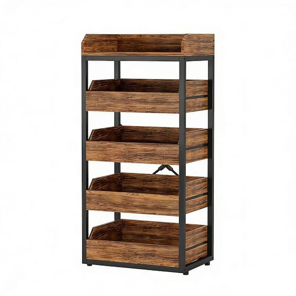 5-Shelf Brown Wood Pantry Organizer, Fruit Vegetable Storage Rack Stand, Wine Rack Stand