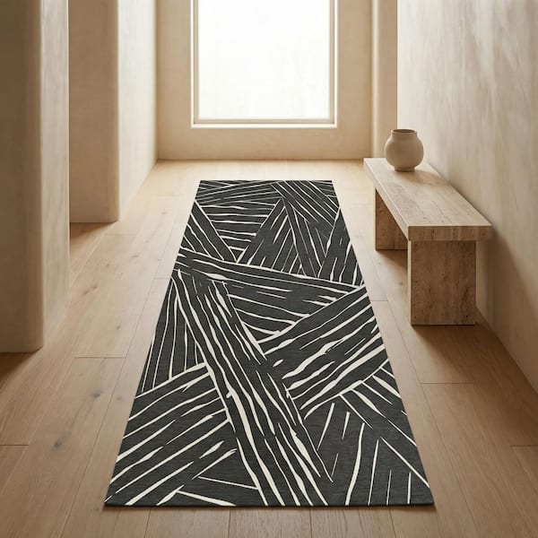 Dolce Parquet Charcoal 2 ft. x 8 ft. Transitional Flatwoven Abstract Polypropylene Runner Indoor/Outdoor Area Rug