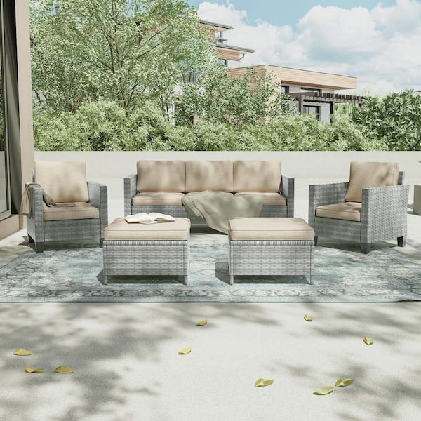 5-Piece Outdoor Patio Sets, Patio Sectional Furniture Gray PE Rattan Wicker Couch, Two Ottomans, Linen Flax Beige