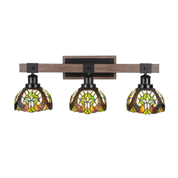 Unbranded Richmond 27 in. 3-Light Vanity Light Matte Black and Painted Wood-look Metal with 7 in. Art Glass no bulbs included