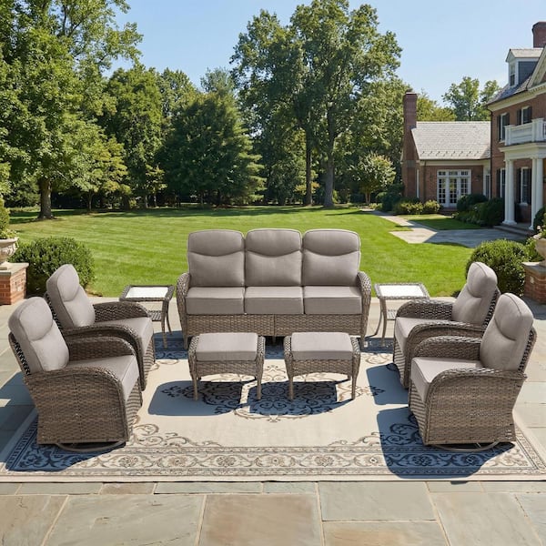 Goyal Brown 9-Piece Wicker Patio Conversation Seating Sofa Couch Set with Gray Cushions and Swivel Rocking Glider Chair