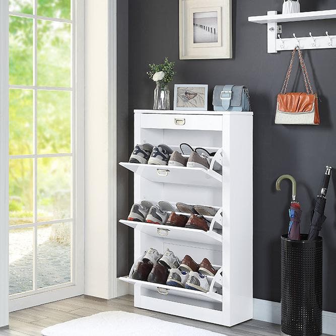 White High Gloss Wood and Metal Wall Mounted Shoe Cabinet