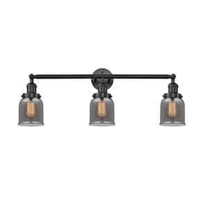 Bell 30 in. 3-Light Matte Black Vanity Light with Plated Smoke Glass Shade