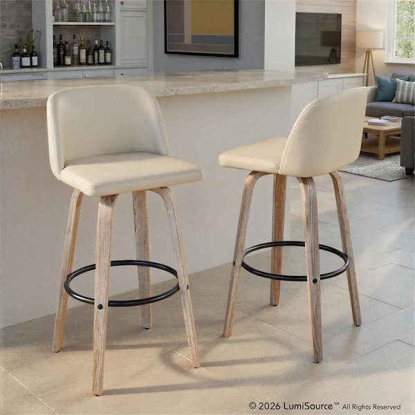 Toriano 39 in. Cream Faux Leather, White Washed Wood & Black Metal Fixed-Height Bar Stool Round Footrest (Set of 2)