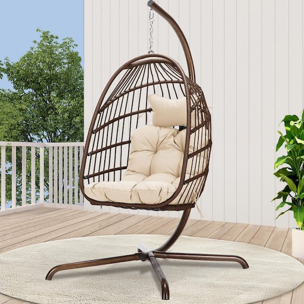 FINCATI Foldable 350 lbs. 1 Person Brown Wicker Porch Swing Egg Chair with Gold Stand Beige Cushions