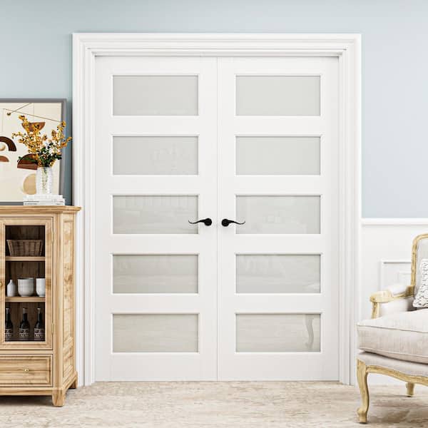 60 in. x 80 in. 5-Lite Frosted Glass Universal White Solid Core Wood Double Prehung French Door+ Quick Assemble Jamb