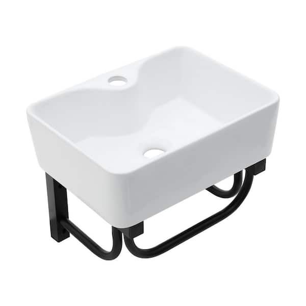 16 in. x 12 in. x 5 in. Wall-Mounted Rectangular Ceramic Bathroom Sink in White with Black Stainless Steel Towel Bar