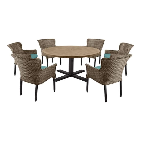 Devonwood 7 Piece Dark Brown Wicker Outdoor Patio Dining Set with CushionGuard Aloe Cushions