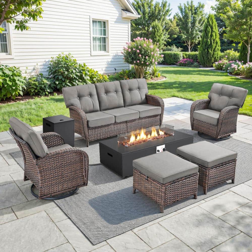 Tidalis 7-Piece Wicker Patio Conversation Set, Swivel Chair with 43 in. Fire Pit Table and Tank Holder Gray Cushions price history on PriceWatchPro