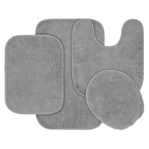 Traditional Platinum Gray 4-Piece Washable Bathroom Rug Set