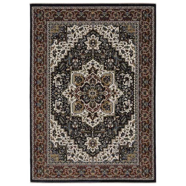 5' X 8' Navy Blue Black And Tan Medallion Area Rug With Fringe
