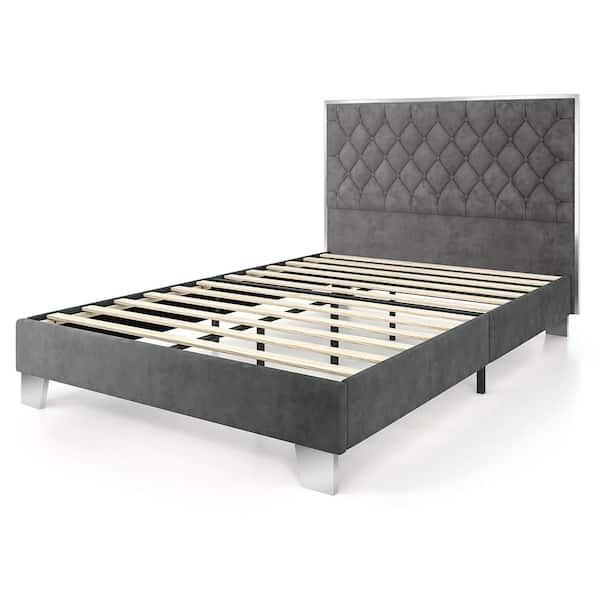 Costway Gray Metal Frame Queen Upholstered Platform Bed Mattress Foundation with Button Tufted Velvet Headboard