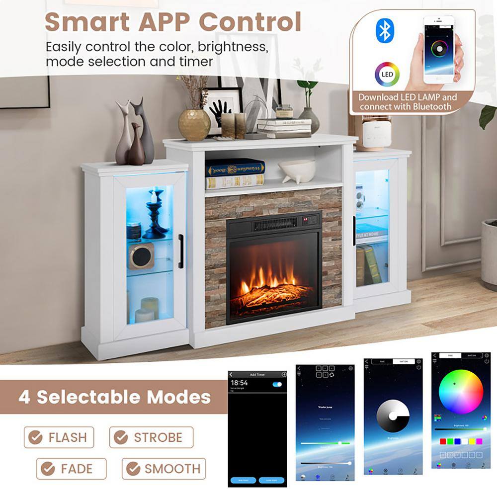 White MDF Fireplace TV Stand with LED Lights and Cabinets