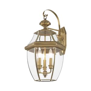 Aston 22.5 in. 3-Light Antique Brass Outdoor Hardwired Wall Lantern Sconce with No Bulbs Included
