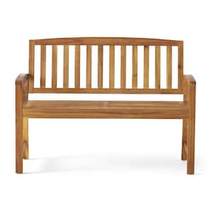 Acacia Wood Outdoor Patio Bench with Handrails Suitable for Balcony Backyard Garden Lawn Natural Color