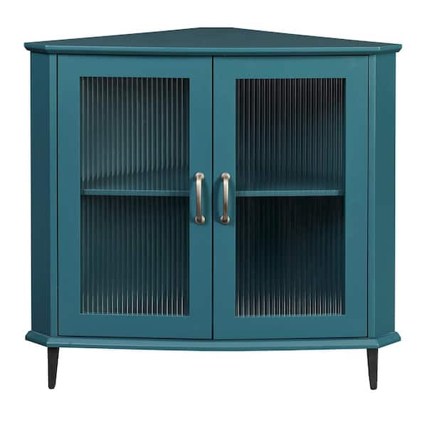 Unbranded Modern Teal Blue Corner Cabinet with Doors and Adjustable Shelf, Free-Standing Storage Shelf Organizer