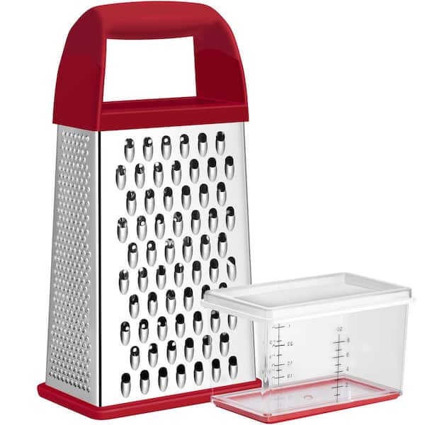 Red Stainless Steel Box Grater with Container, Non-Slip Base–4-Side Multi-Grater for Cheese, Vegetables
