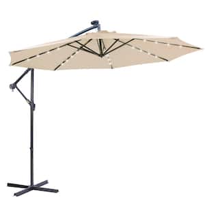 10 ft. Tan Metal Solar LED Cantilever Patio Umbrella, Hanging Offset Umbrella Easy Open Adjustment with 32 LED Lights