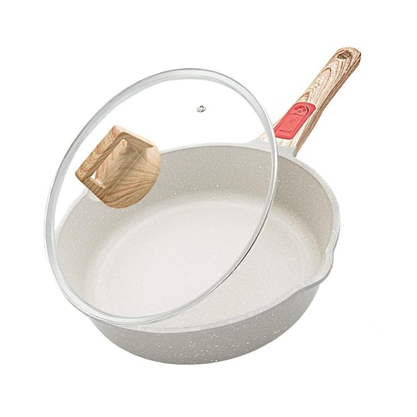 9.5 in. Granite Nonstick Deep Saute Pan with Lid, Removable Handle, Aluminum, PFOA Free, Oven Safe, White