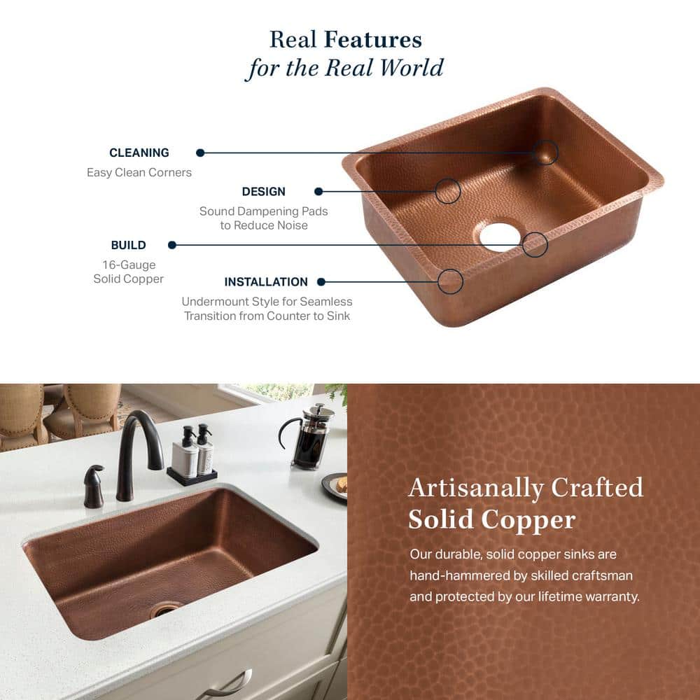 Handmade Antique Copper 23" Single Bowl Undermount Kitchen Sink